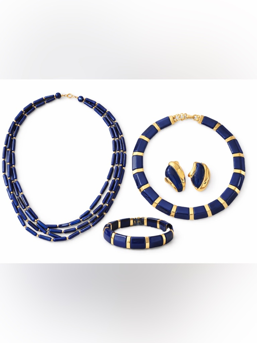 Vintage Signed Napier Blue‎ Lucite Necklace Choker Bracelet Earrings Gold Tone